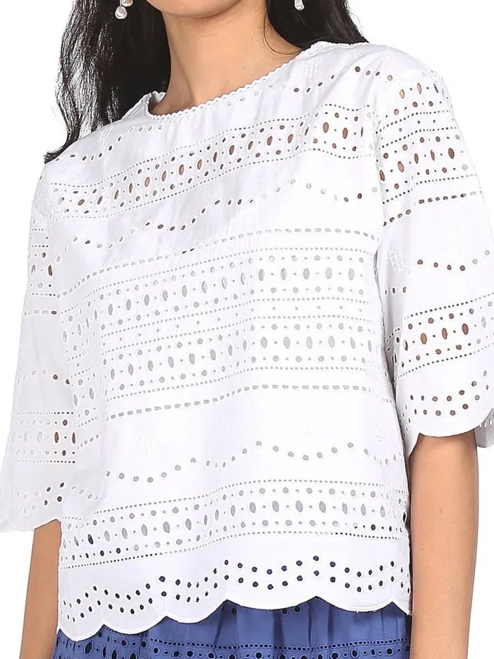 TOMMY HILFIGER Cotton Eyelet Embroidered Elbow Length Sleeve Cottagecore Size M